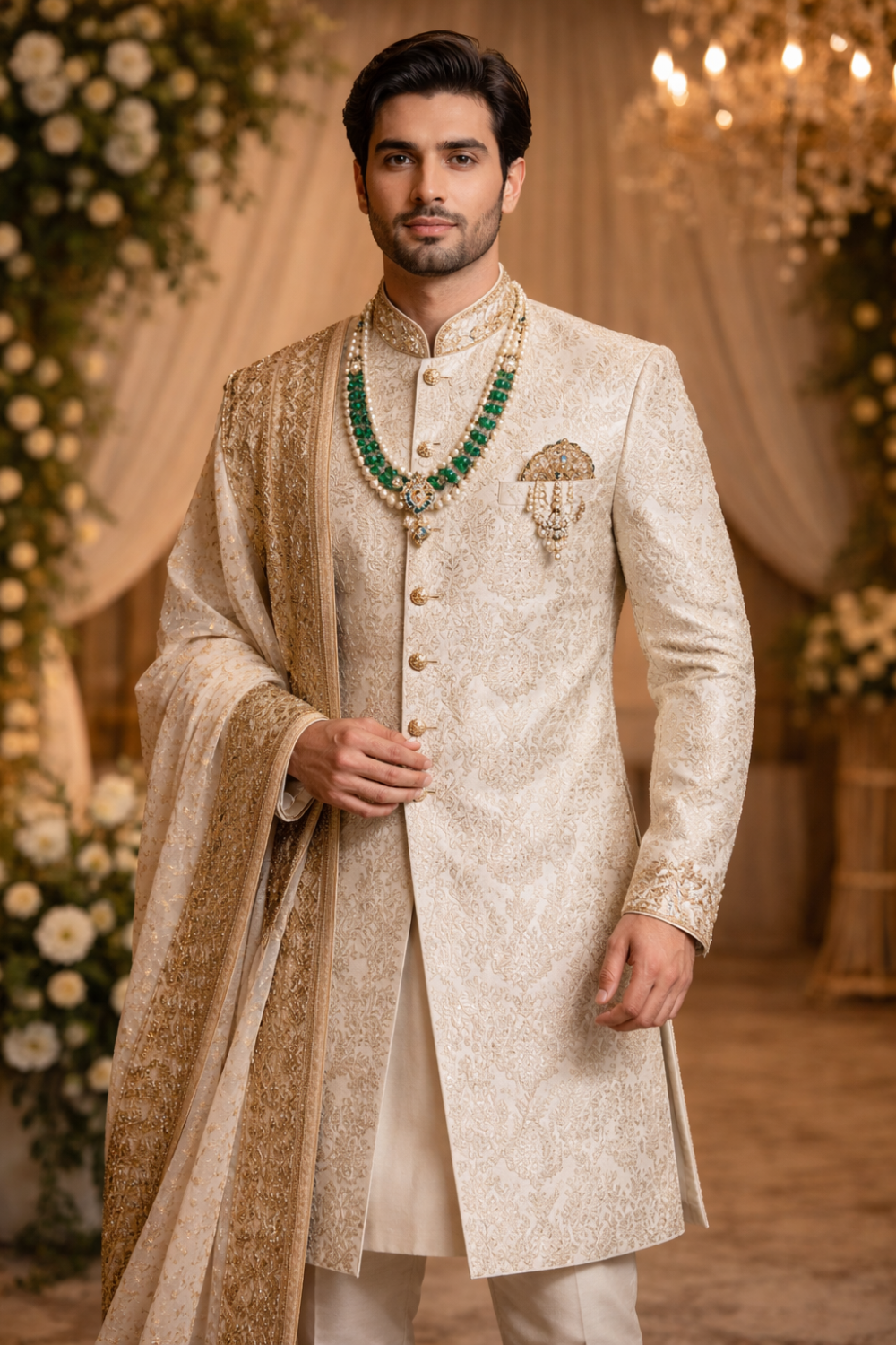 Elegant Ivory Groom Sherwani with Golden Embroidery