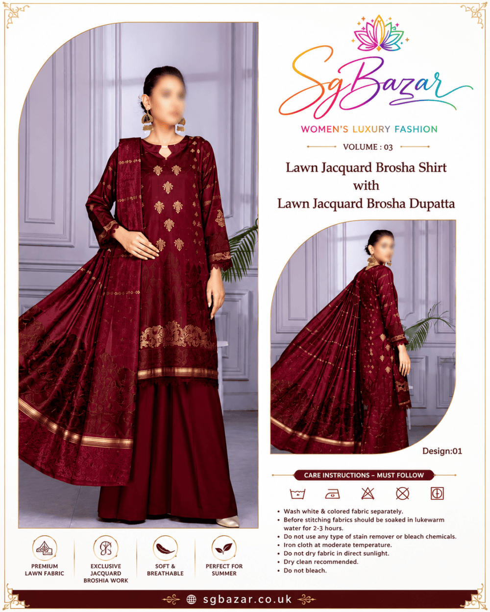 Women's 3 Piece Unstitched Jacquard Lawn Suit Maroon | SgBazar Luxury Collection